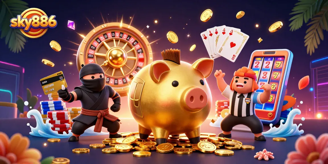Experience sky886 gaming with a thrilling 3D carnival, featuring a golden piggy bank sumo and dazzling casino elements.