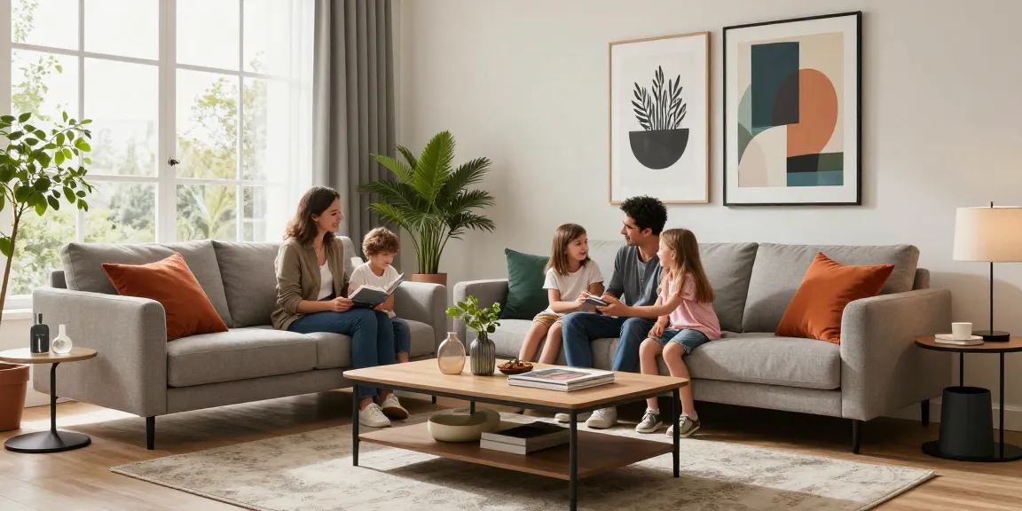 Eine Familie, die ihr stilvolles Wohnzimmer genießt, während sie wohnmöbel online kaufen, und Komfort sowie modernes Dekor zeigt.