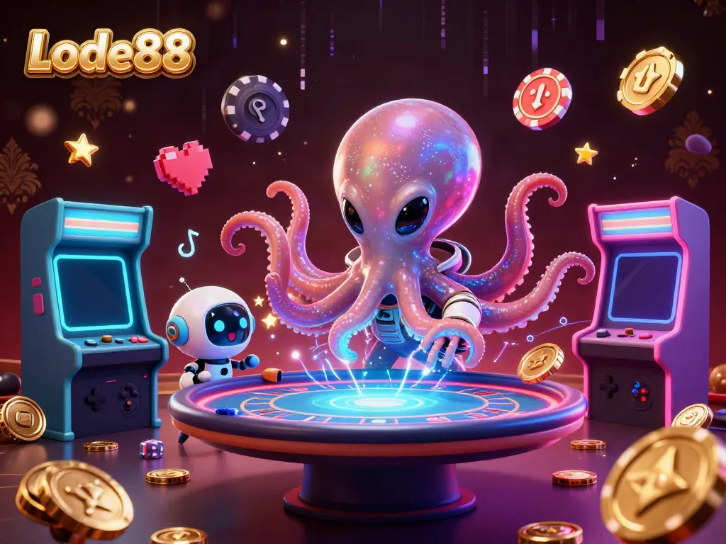 Engage with Lode88 as the alien octopus commands a cosmic poker game amidst vibrant arcade elements.
