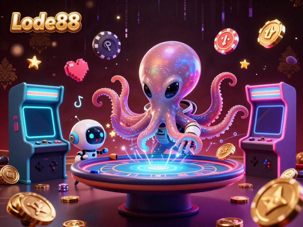 Engage with Lode88 as the alien octopus commands a cosmic poker game amidst vibrant arcade elements.