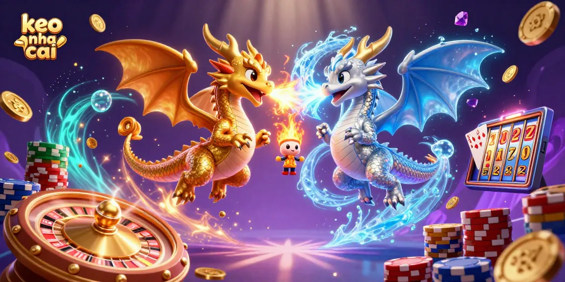 Engage with the thrilling world of keo nha cai featuring golden and silver dragons amidst a dynamic casino scene.