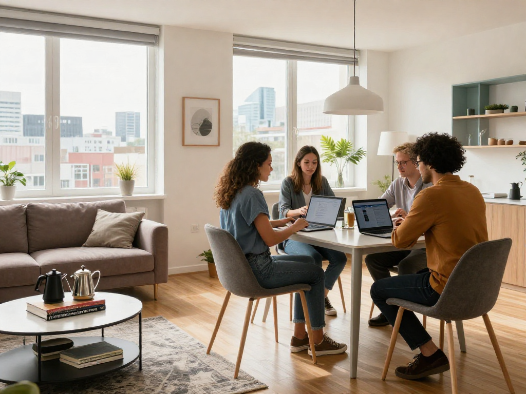 Komfortables Monteurzimmer mieten Hannover mit modernem Design und praktischem Arbeitsbereich für Gruppen.