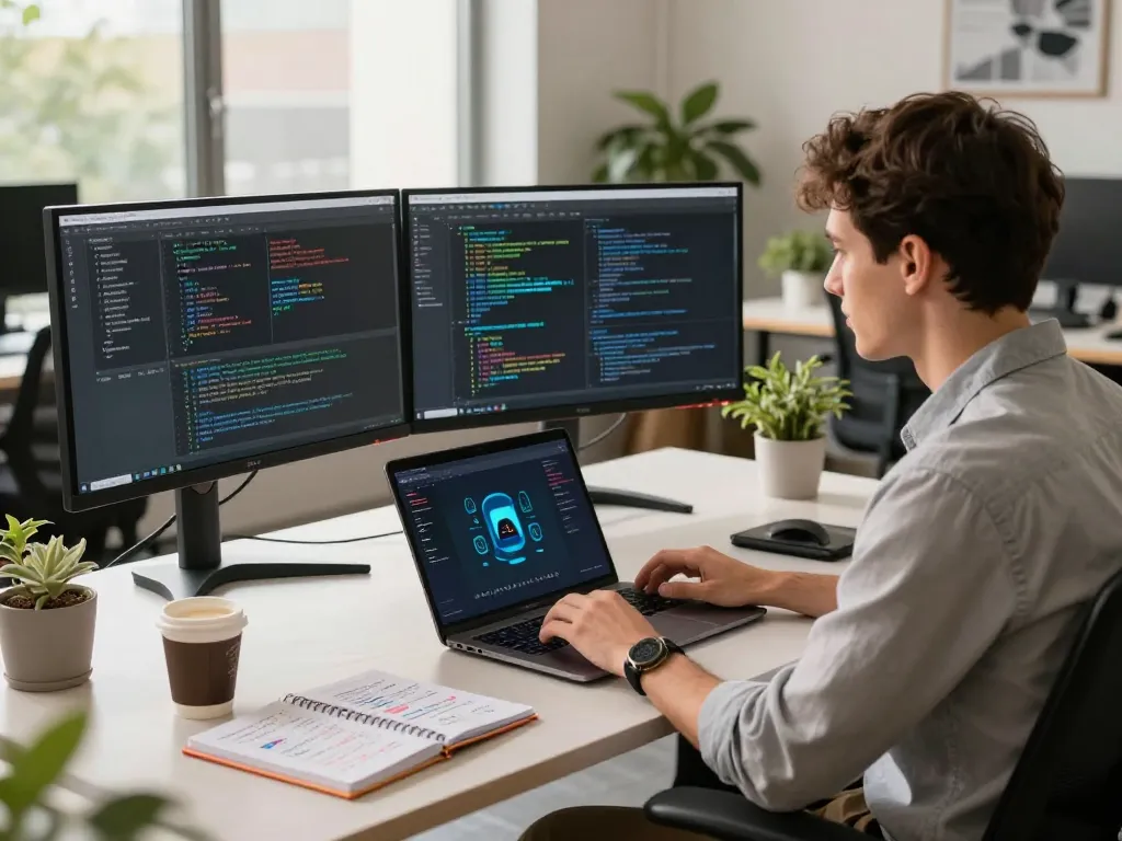Developer utilizing Kling AI 2.16 in a modern tech workspace with dual monitors, coding, and an immersive office environment.