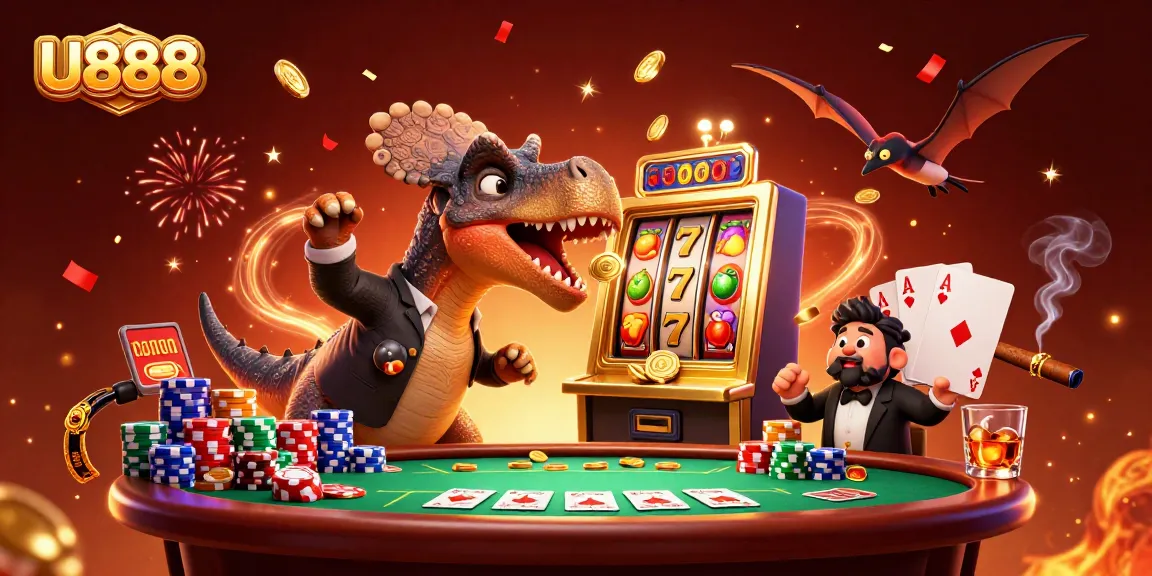 U888: Cartoon scene with dinosaur winning jackpot coins from a golden slot machine.
