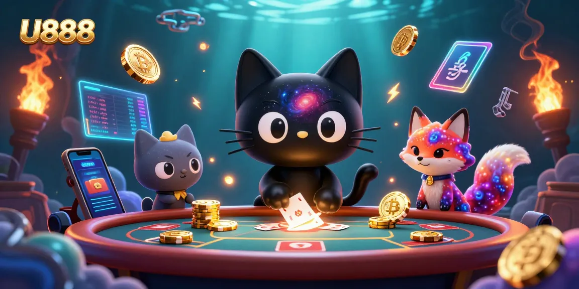 U888 transforms the gaming experience with a cosmic cat and fox at a vibrant casino table.