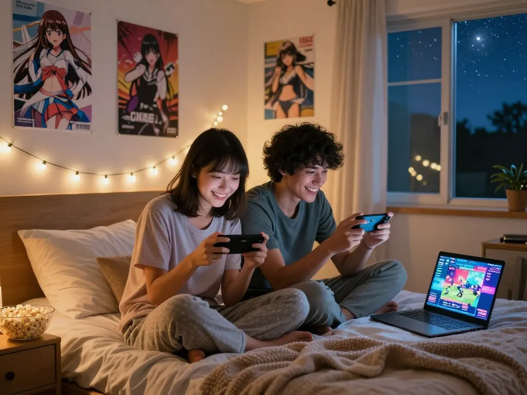 Couple enjoying free mobile porn games together in a cozy bedroom setting