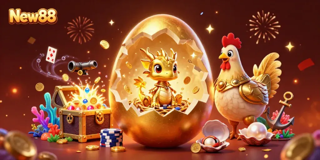 Experience the thrilling world of New88 with a golden dragon amidst poker chips and vibrant casino elements.