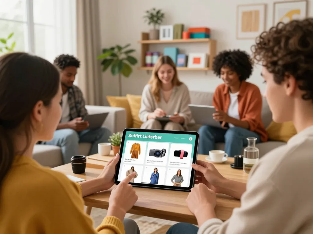 Lebendige E-Commerce-Szene, die Sofort Lieferbar Produkte in einem stilvollen Wohnumfeld mit engagierten Käufern zeigt.