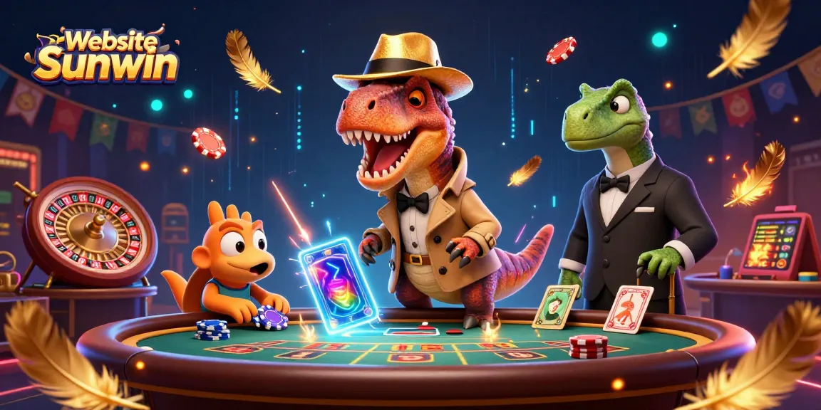Engage in high-stakes action at Website Sunwin with a velociraptor card counter amidst vibrant casino elements.