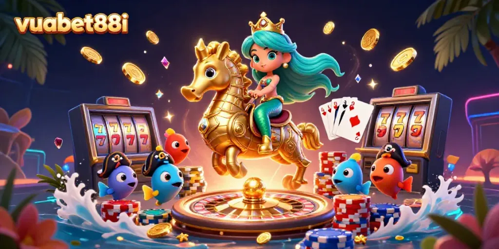 Experience thrilling luck with the vibrant vuabet88i casino illustration featuring a magical mermaid princess.