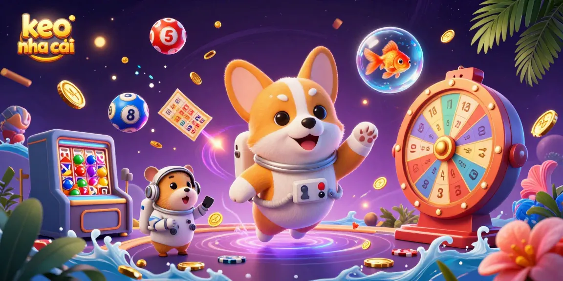 Engage with keo nha cai amid drifting poker chips and colorful lottery balls in a cosmic casino.