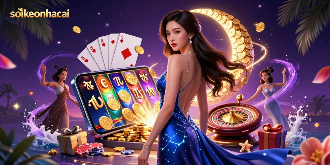 Experience thrilling slot action with soikeonhacai and vibrant casino elements in a magical scene.