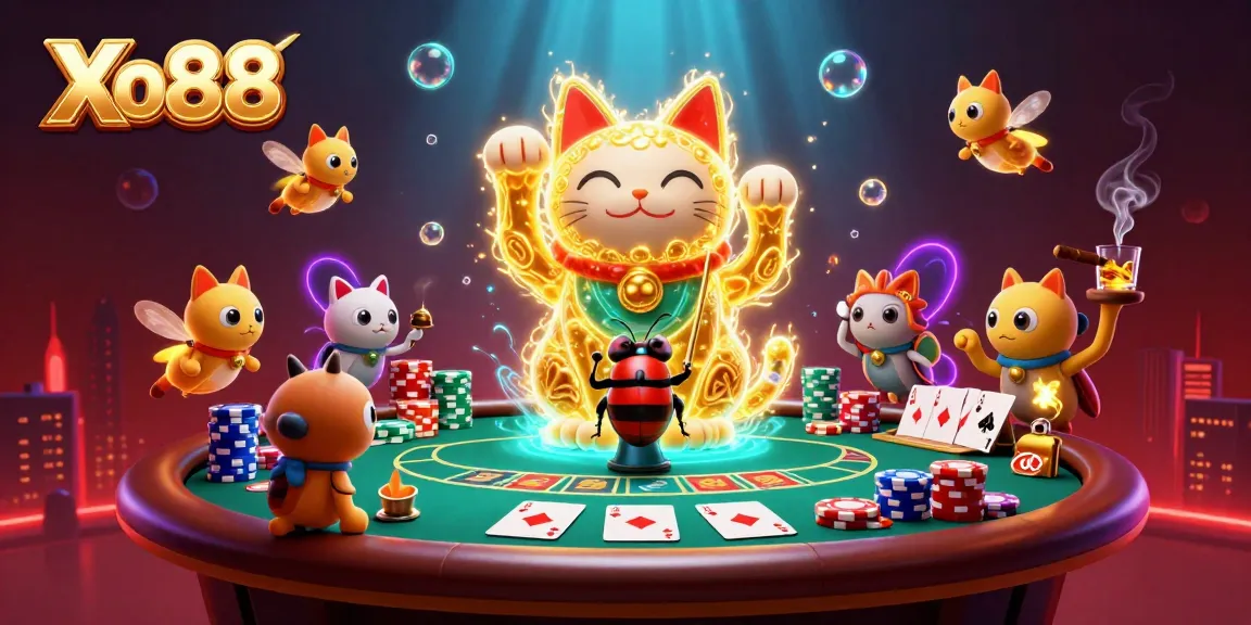 Experience the vibrant world of Xo88 with a dazzling lucky cat and poker elements in play.