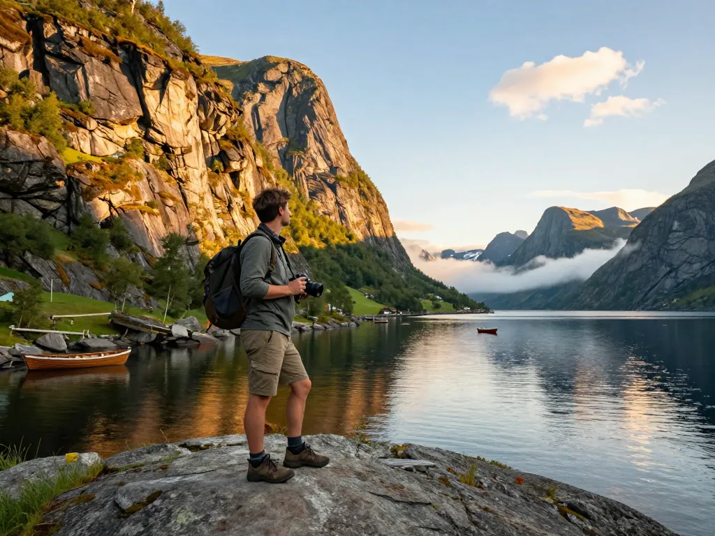 Beeindruckende Fjordlandschaft, die einen Reisenden zeigt, der den Urlaub in Skandinavien zur goldenen Stunde genießt.