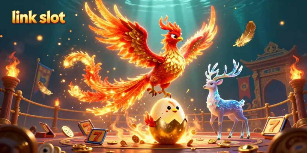 Engage in the thrilling world of link slot with a vibrant illustration featuring a fire phoenix and dynamic casino elements.