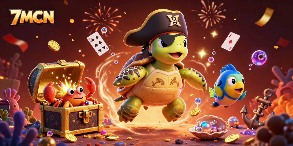 Engage in thrilling bets with 7MCN as the pirate turtle and friends uncover treasure amidst vibrant casino elements.