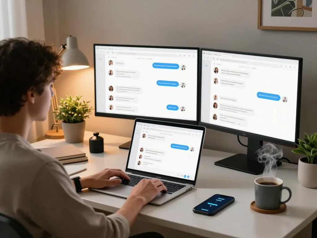 Engaging home office scene showcasing an individual using a sex AI chat application on their laptop, surrounded by a productive environment.