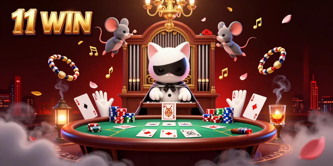 Engage in thrilling bets at 11 WIN, featuring casino excitement with poker elements and dynamic gaming characters.