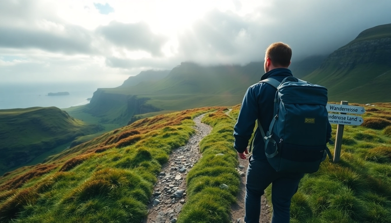 Wanderreise Irland: Hiker traversing scenic Irish landscapes with lush greenery and cliffs.