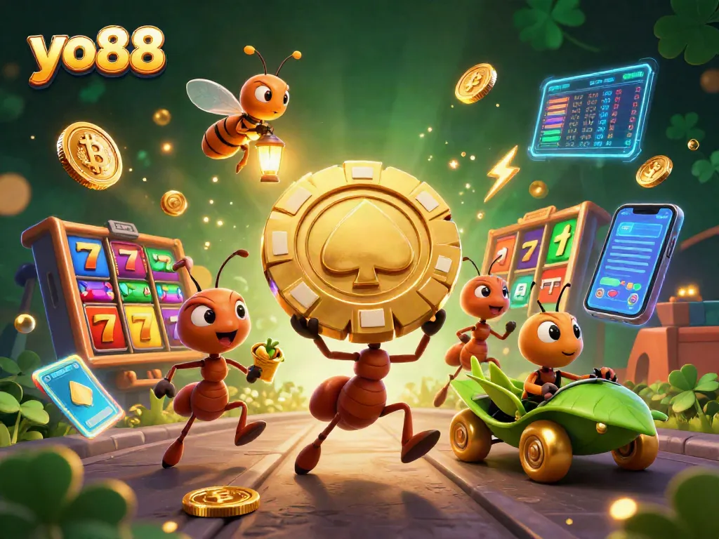 Experience a thrilling yo88 heist with cartoon ants and a grasshopper driver surrounded by vibrant gambling elements.