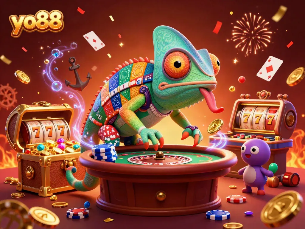 Experience the thrill of yo88 with a vibrant chameleon casino owner surrounded by dynamic gambling elements.