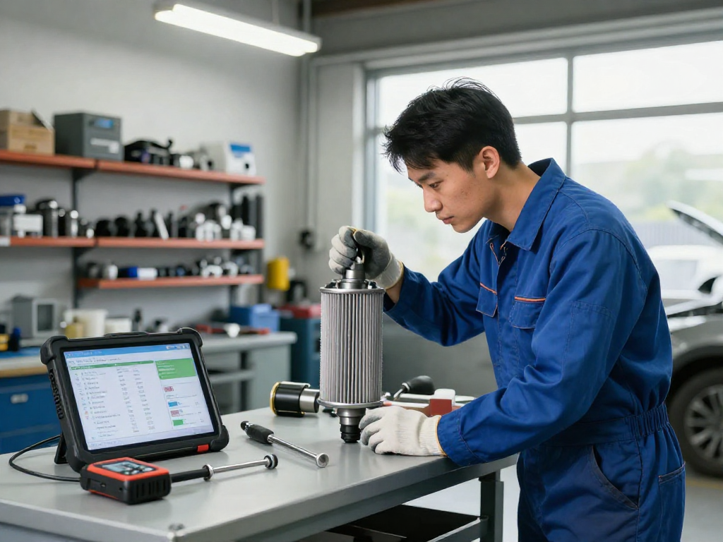 Mechaniker bei der DPF Reinigung in einer Werkstatt mit professionellem Werkzeug.