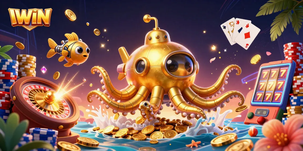 IWIN showcases a vibrant 3D underwater casino scene with golden treasures and gaming elements