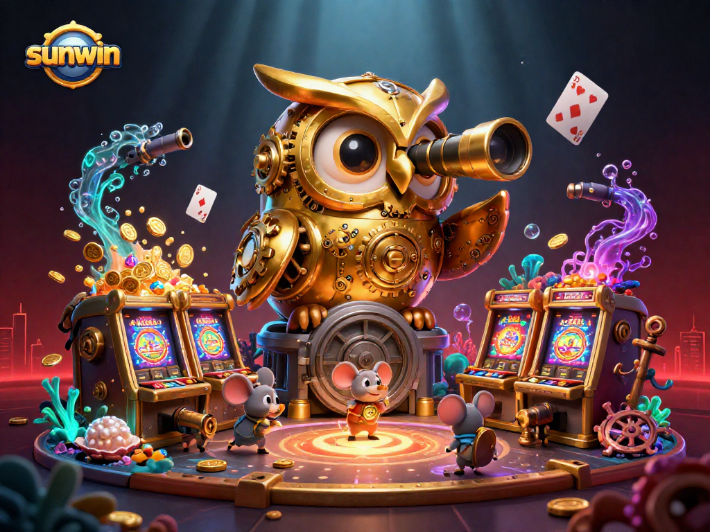 Experience the thrill of sunwin with a stunning 3D cartoon casino scene of an owl, mice, and treasure.