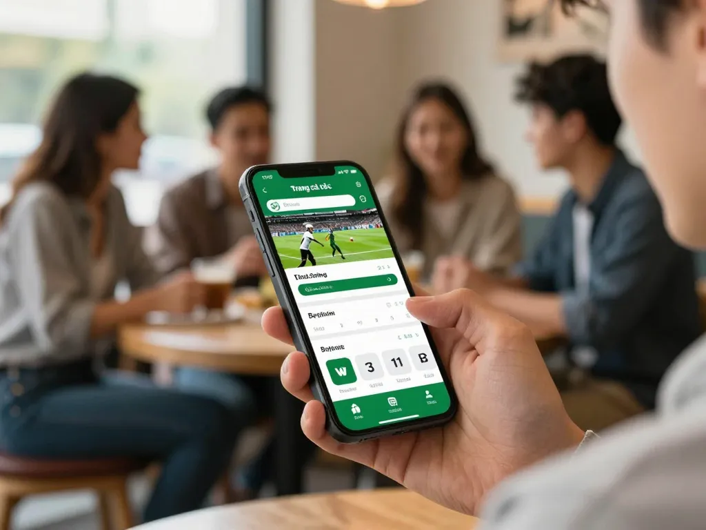 Engaging in trang cá cược bóng đá using a smartphone app in a lively café.