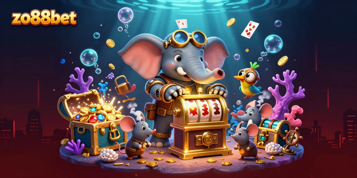 Experience the thrill of zo88bet as a steampunk elephant operates a golden slot machine amidst exploding treasures and vibrant underwater elements