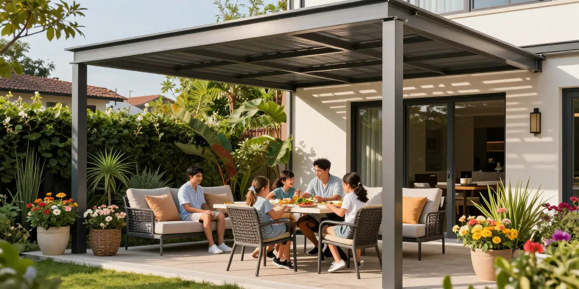 Moderne Terrassenüberdachung aus Aluminium mit Familie im Garten, die entspannte Momente genießt.