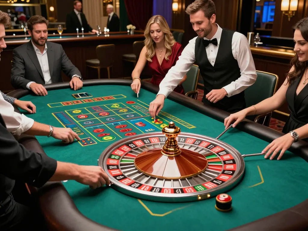 Engaging roulette action at F168 casino, players strategizing bets under ambient lighting.