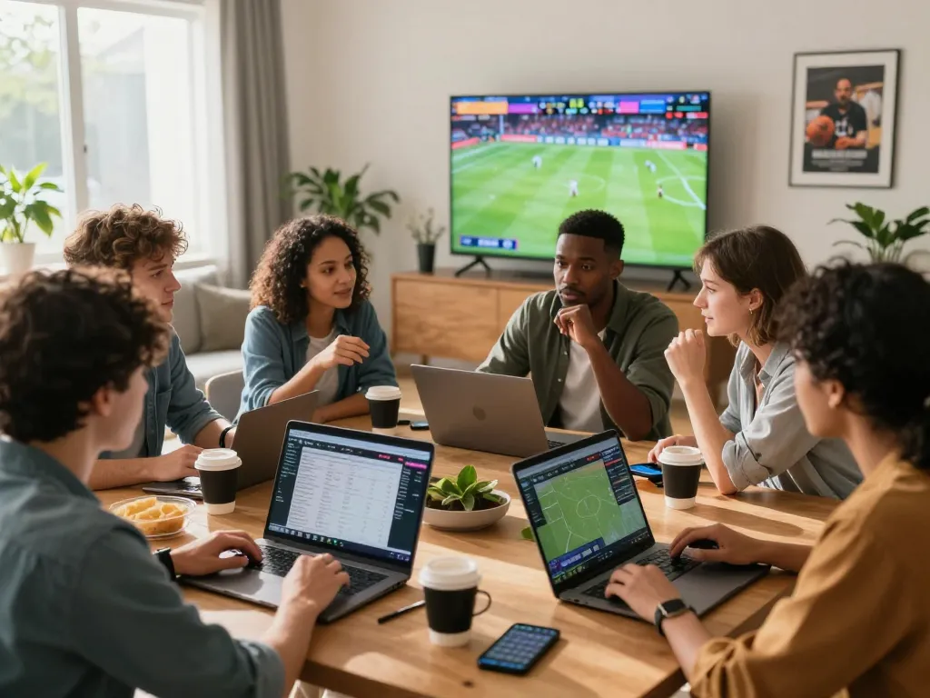 Group strategizing sports betting on thscrore.com with live scores and statistics.
