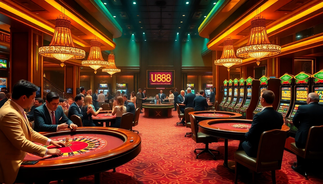 Gamblers enjoying their time at U8888 casino tables filled with vibrant chips and exciting gameplay.