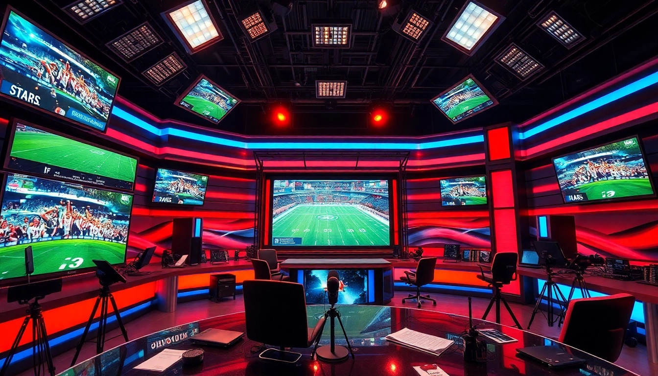 Engaging sports broadcasting scene showcasing dynamic anchors in a vibrant studio.