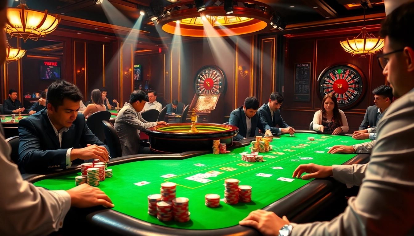 High-stakes poker action at HT368 with vibrant chips and intense players engaged in the game.