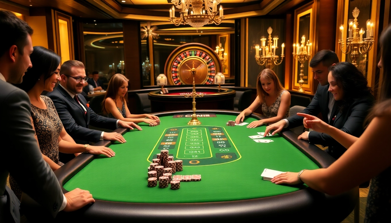 C168 players enjoying an exciting game at a luxurious casino table with poker chips and cards.