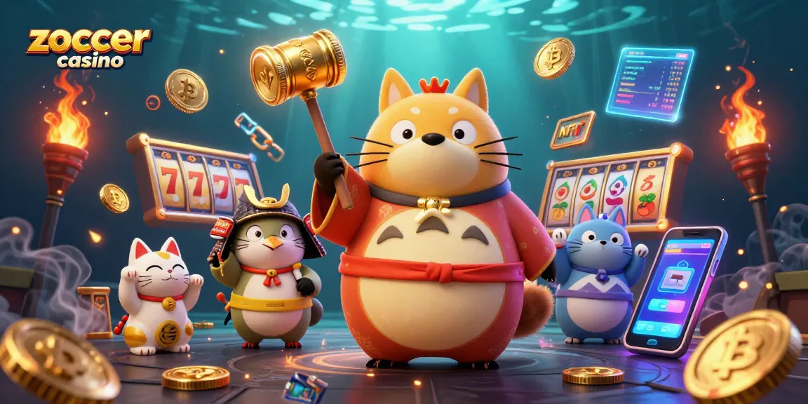 Experience the vibrant zoccer casino scene with a cheerful tanuki, crane, and colorful maneki-neko celebrating jackpots.