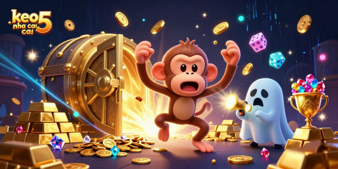Engaging scene of keo nha cai 5 showcasing a playful poltergeist monkey and ghost-hunter puppy in a vibrant casino setting.