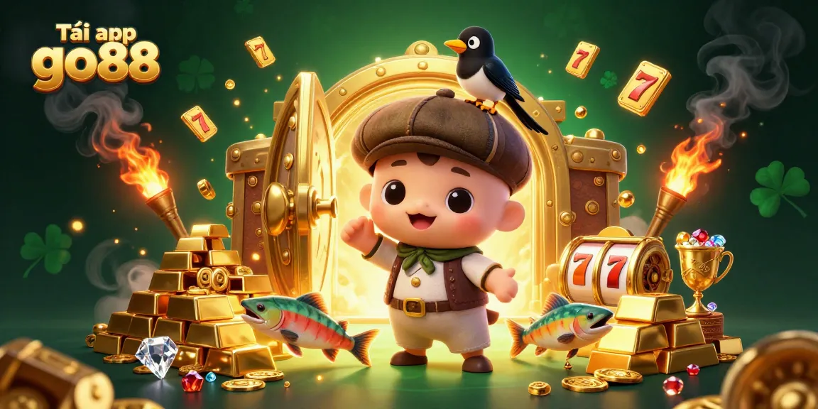 Tải app go88 for quick access to casino games, featuring exciting illustrations of characters and gold.