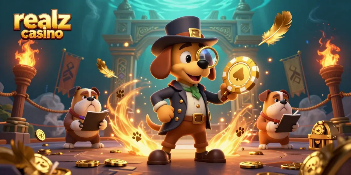 Reveal the treasures of realz casino with a whimsical detective scene, gathering clues.