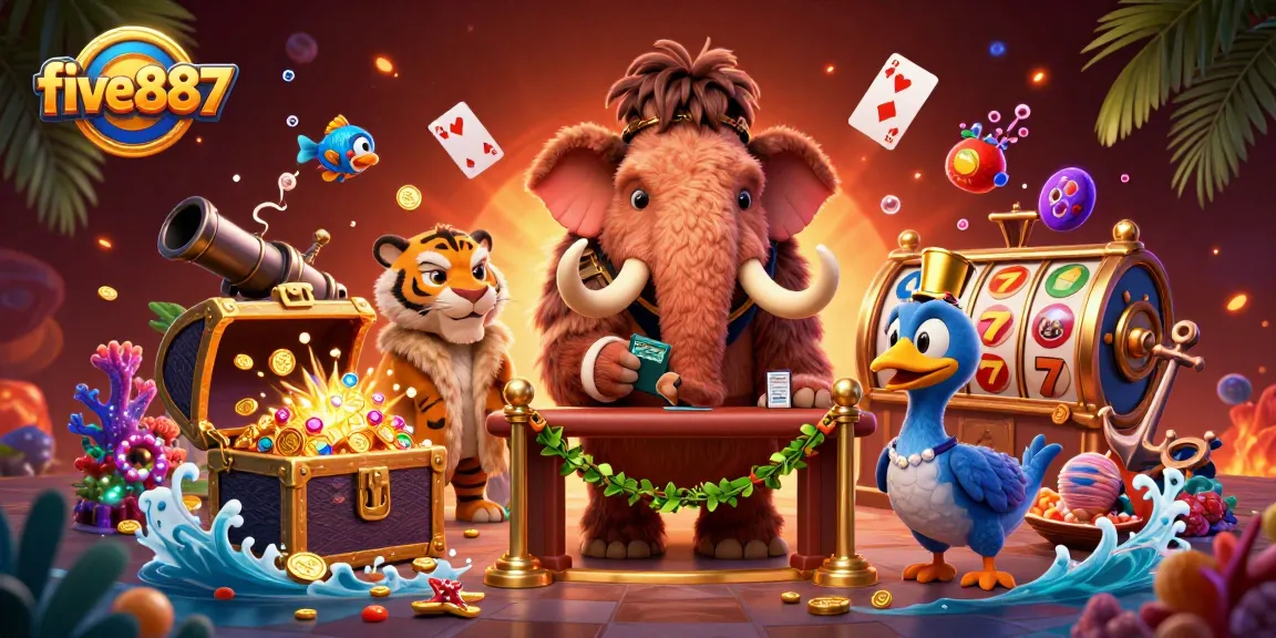 Experience thrilling gaming action at five887, with a vibrant casino scene featuring a woolly mammoth and treasure.