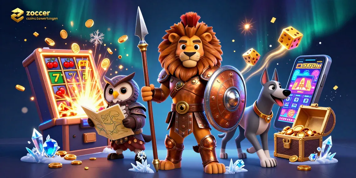 Zoccer casino bewertungen showcase with a Spartan lion, tactical owl, and greyhound amidst a jackpot explosion.