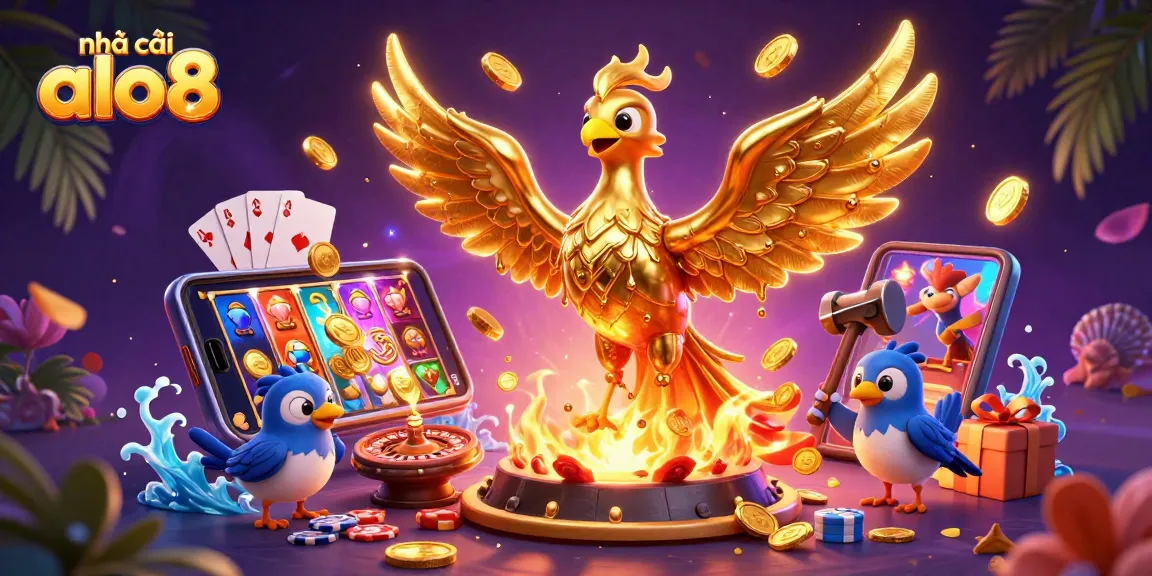 Experience the thrilling world of nhà cái alo8 with this vibrant casino-themed illustration featuring a glowing phoenix and dynamic gaming elements.